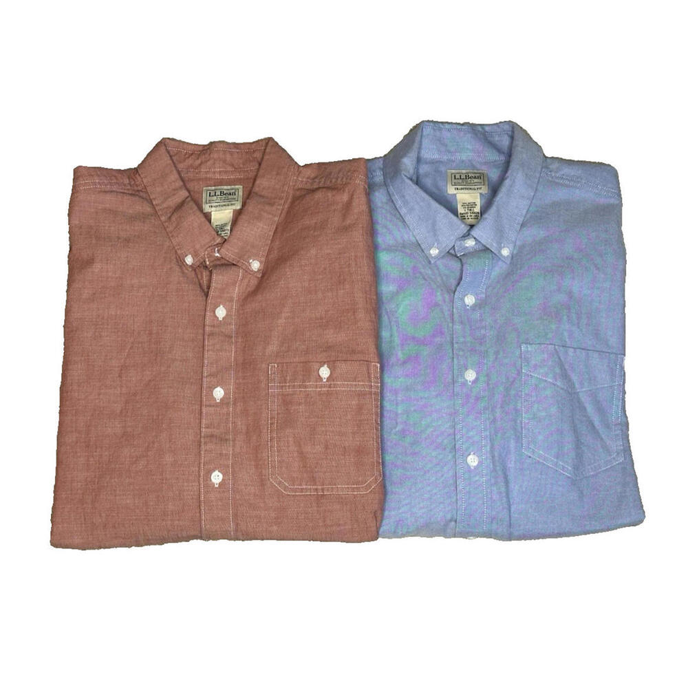 Lot of 2 LL Bean Mens L Tall Traditional Fit Blue Red Chambray Button Down Shirt - Picture 1 of 9